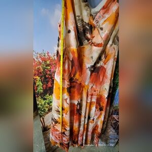 Dressbarn Vibrant Floral Dress in Orange/Brown. Drop Waist Seams Chiffon Fabric